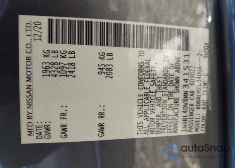 2021 Nissan Altima Sv Fwd из США, поврежденный, VIN 1N4BL4DV8MN341531